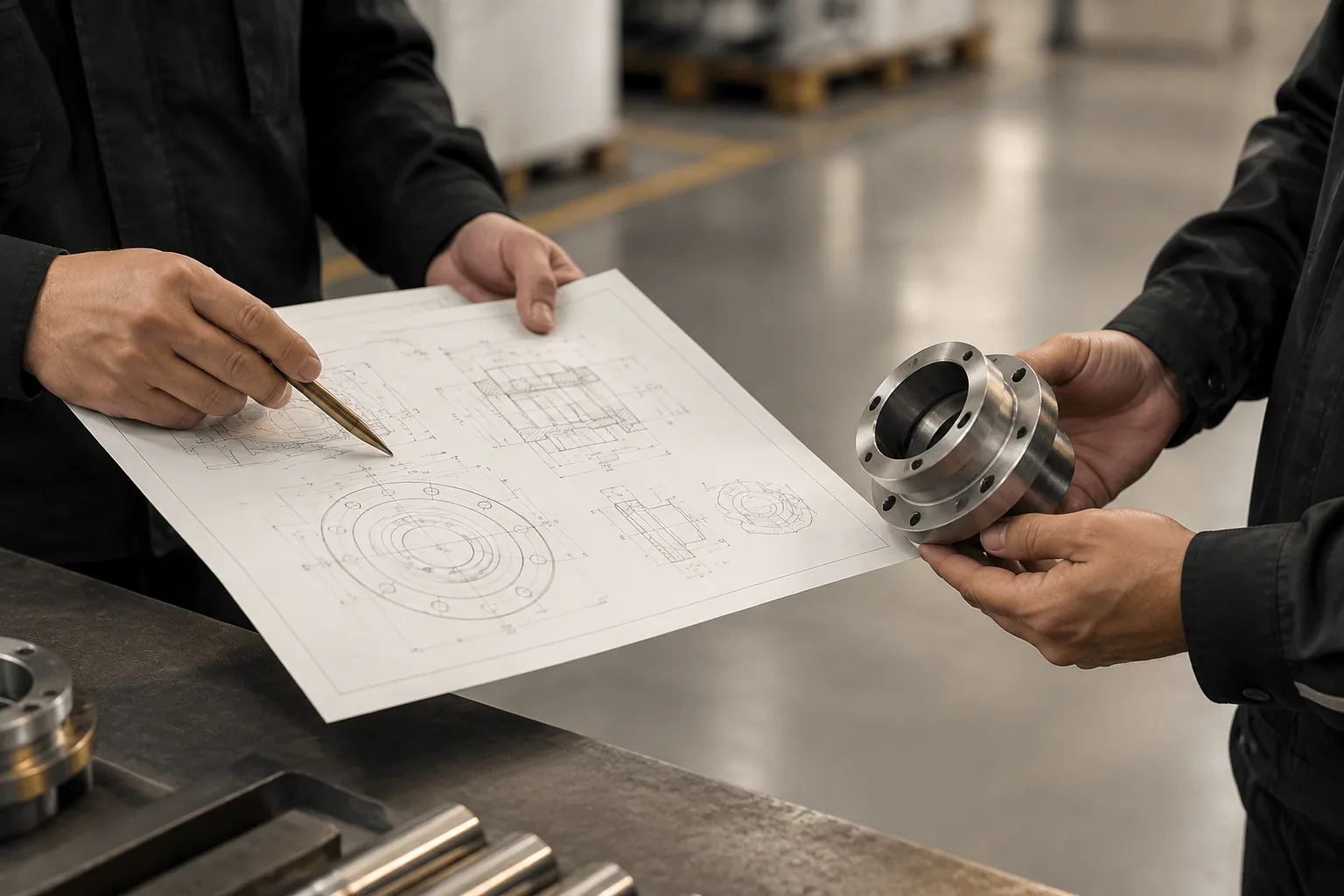 Engenheiros analisam um desenho técnico junto a uma peça de amostra