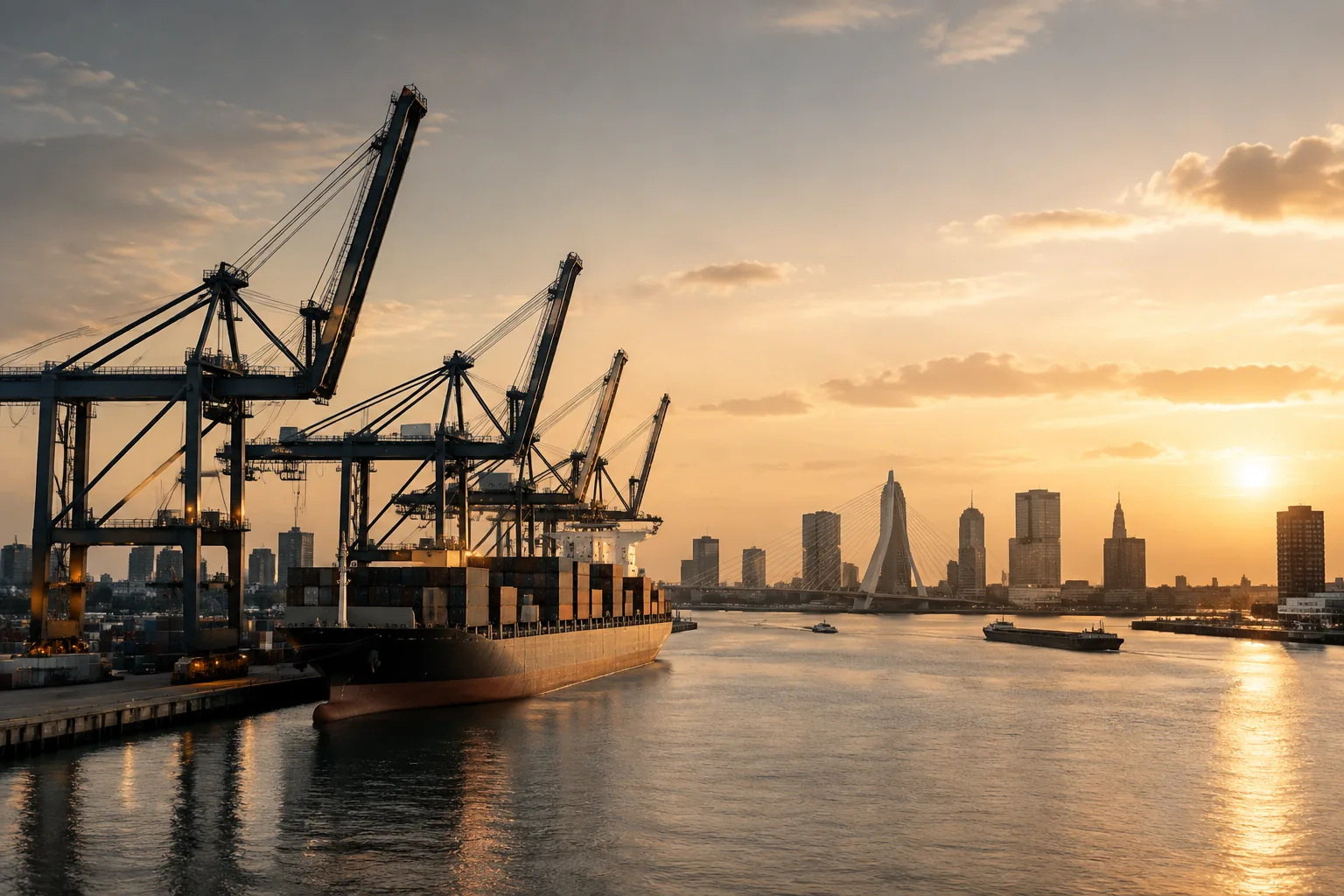 European port cranes at dusk